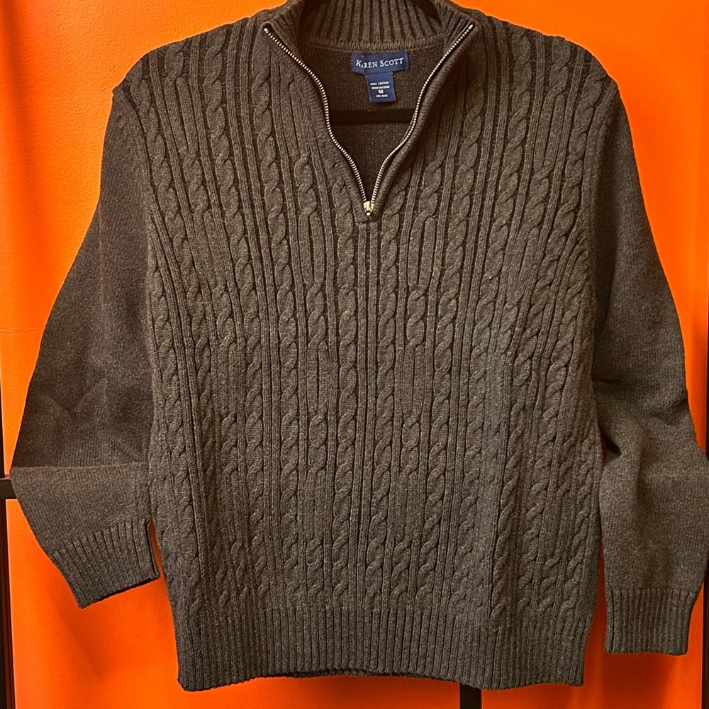 Karen Scott Cable Knit Quarter Zip Sweater Gray Mock Neck Classic Cozy M
